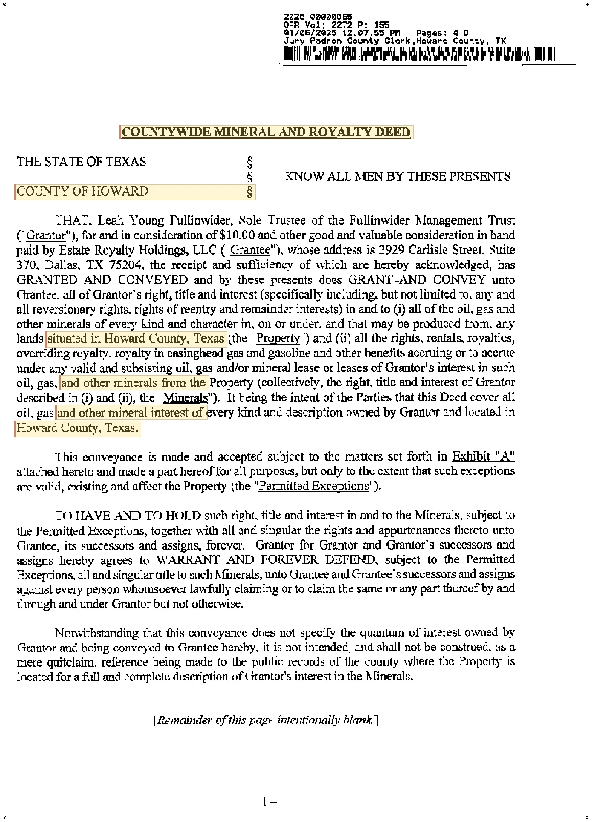 Howard County Recorded Mineral & Royalty Conveyance (Guitar, Lester & Sterling Leases)